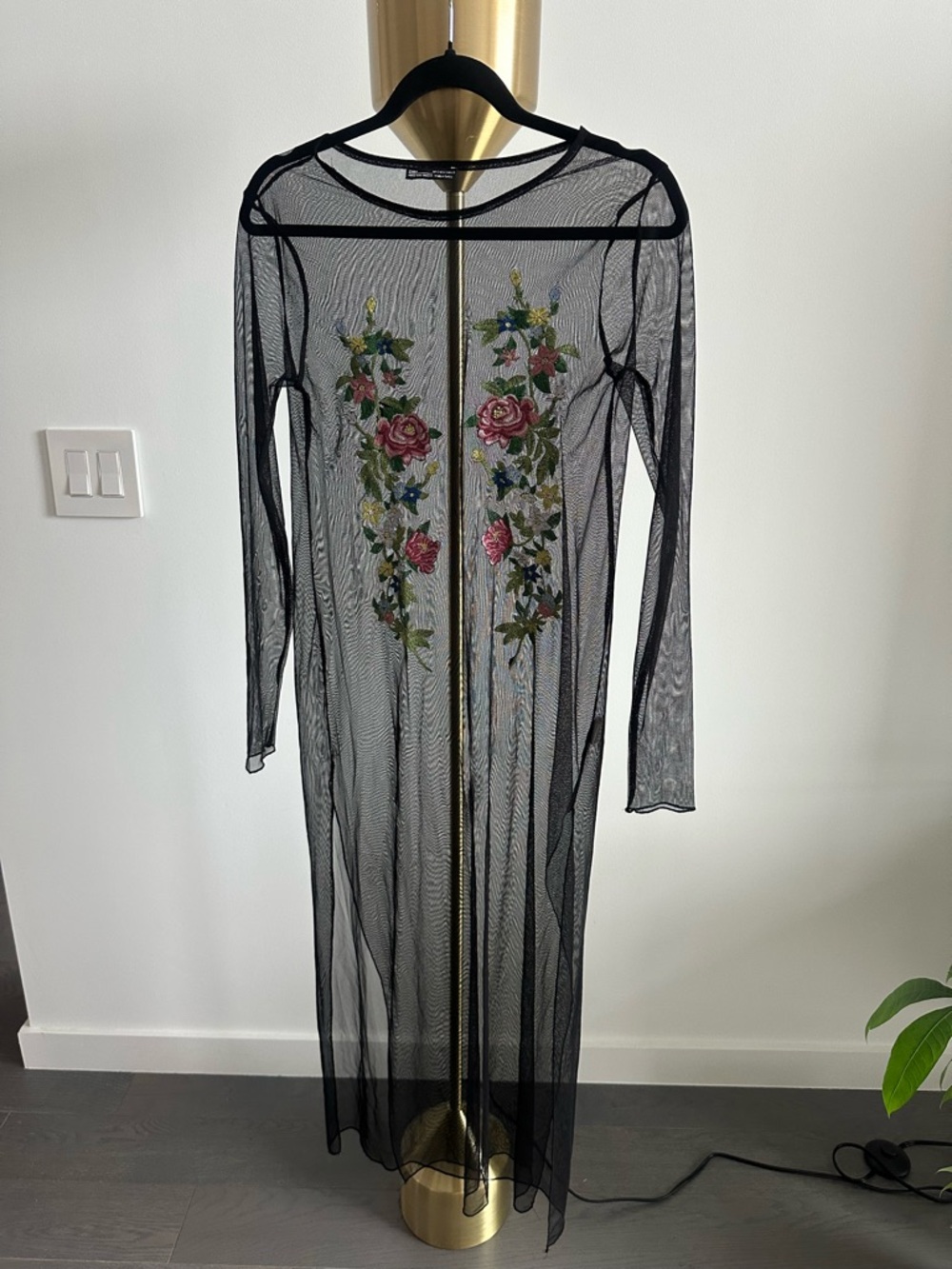 Zara - Sheer Black Embroidered Floral Long Dress - S
